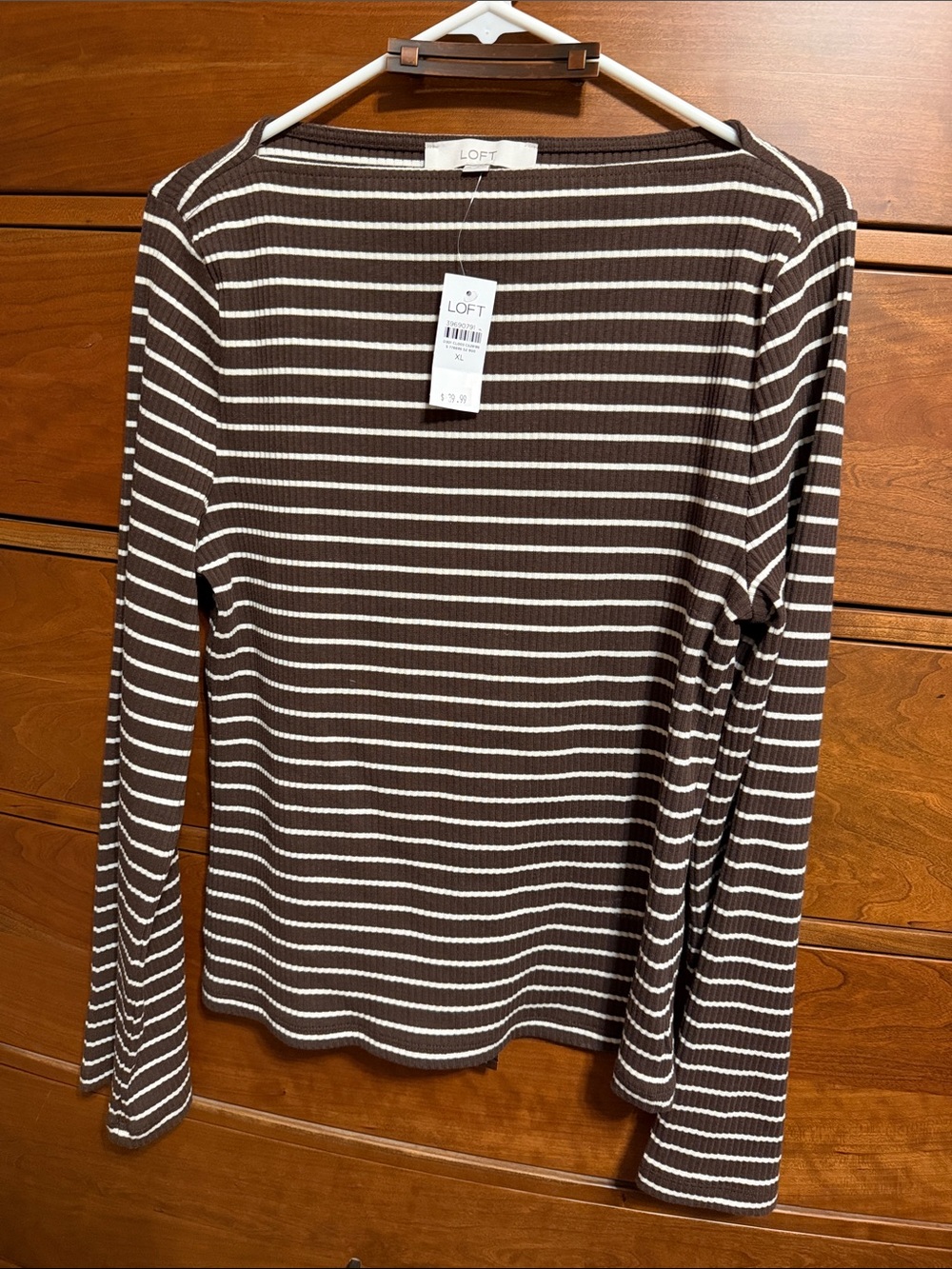 LOFT Brown and White Stripe Ribbed Long-Sleeve Top with bell sleeves
